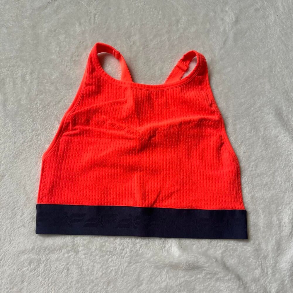Fabletics Vibrant Orange sports bra with navy band small medium activewear gym